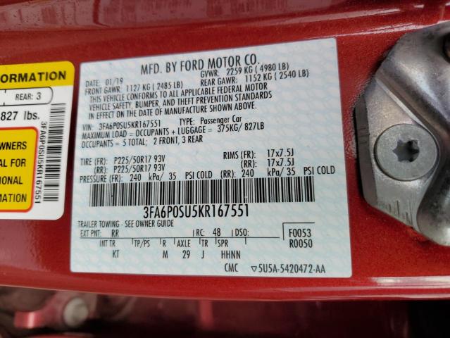 Photo 11 VIN: 3FA6P0SU5KR167551 - FORD FUSION 