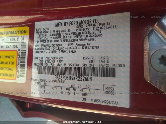 Photo 8 VIN: 3FA6P0SU5KR232608 - FORD FUSION ENERGI 