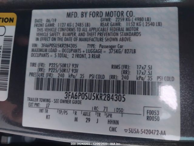 Photo 8 VIN: 3FA6P0SU5KR284305 - FORD FUSION 