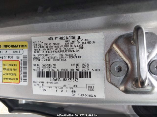 Photo 8 VIN: 3FA6P0SU6GR321692 - FORD FUSION 