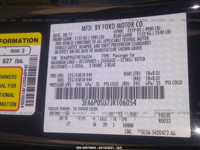 Photo 8 VIN: 3FA6P0SU7JR106054 - FORD FUSION 