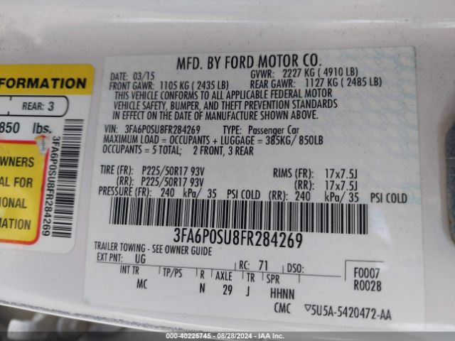 Photo 8 VIN: 3FA6P0SU8FR284269 - FORD FUSION 