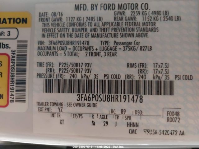 Photo 8 VIN: 3FA6P0SU8HR191478 - FORD FUSION ENERGI 