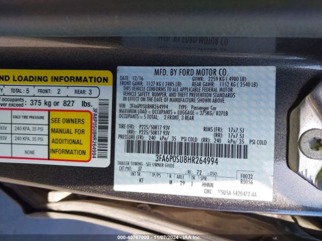 Photo 8 VIN: 3FA6P0SU8HR264994 - FORD FUSION 