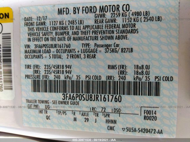 Photo 8 VIN: 3FA6P0SU8JR161760 - FORD FUSION ENERGI 