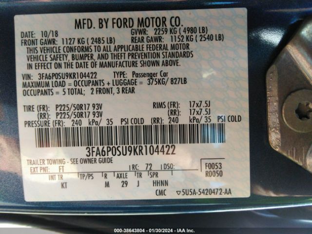 Photo 8 VIN: 3FA6P0SU9KR104422 - FORD FUSION ENERGI 