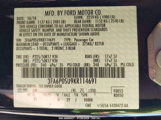 Photo 8 VIN: 3FA6P0SU9KR114691 - FORD FUSION ENERGI 