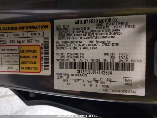 Photo 8 VIN: 3FA6P0SU9LR142394 - FORD FUSION 