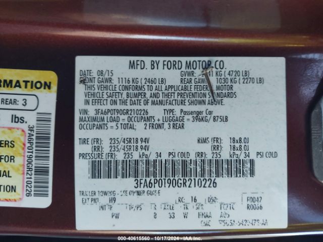 Photo 8 VIN: 3FA6P0T90GR210226 - FORD FUSION 