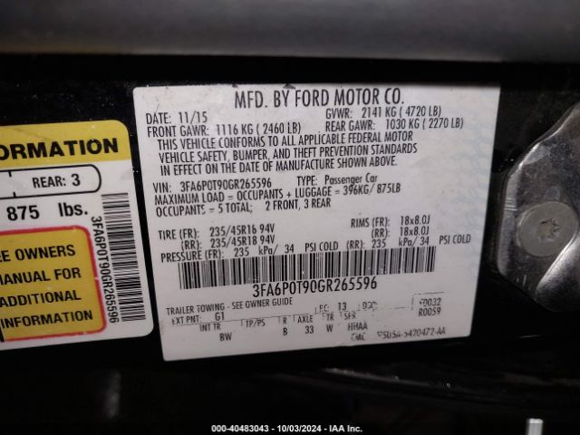 Photo 8 VIN: 3FA6P0T90GR265596 - FORD FUSION 