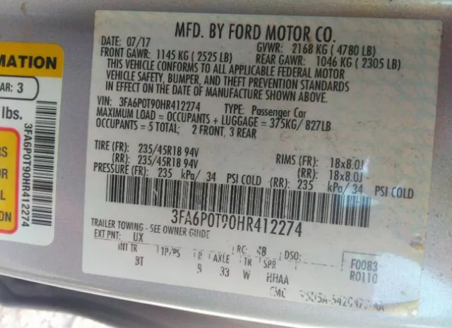 Photo 8 VIN: 3FA6P0T90HR412274 - FORD FUSION 