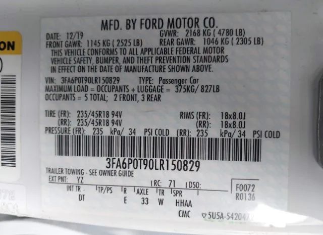 Photo 8 VIN: 3FA6P0T90LR150829 - FORD FUSION 