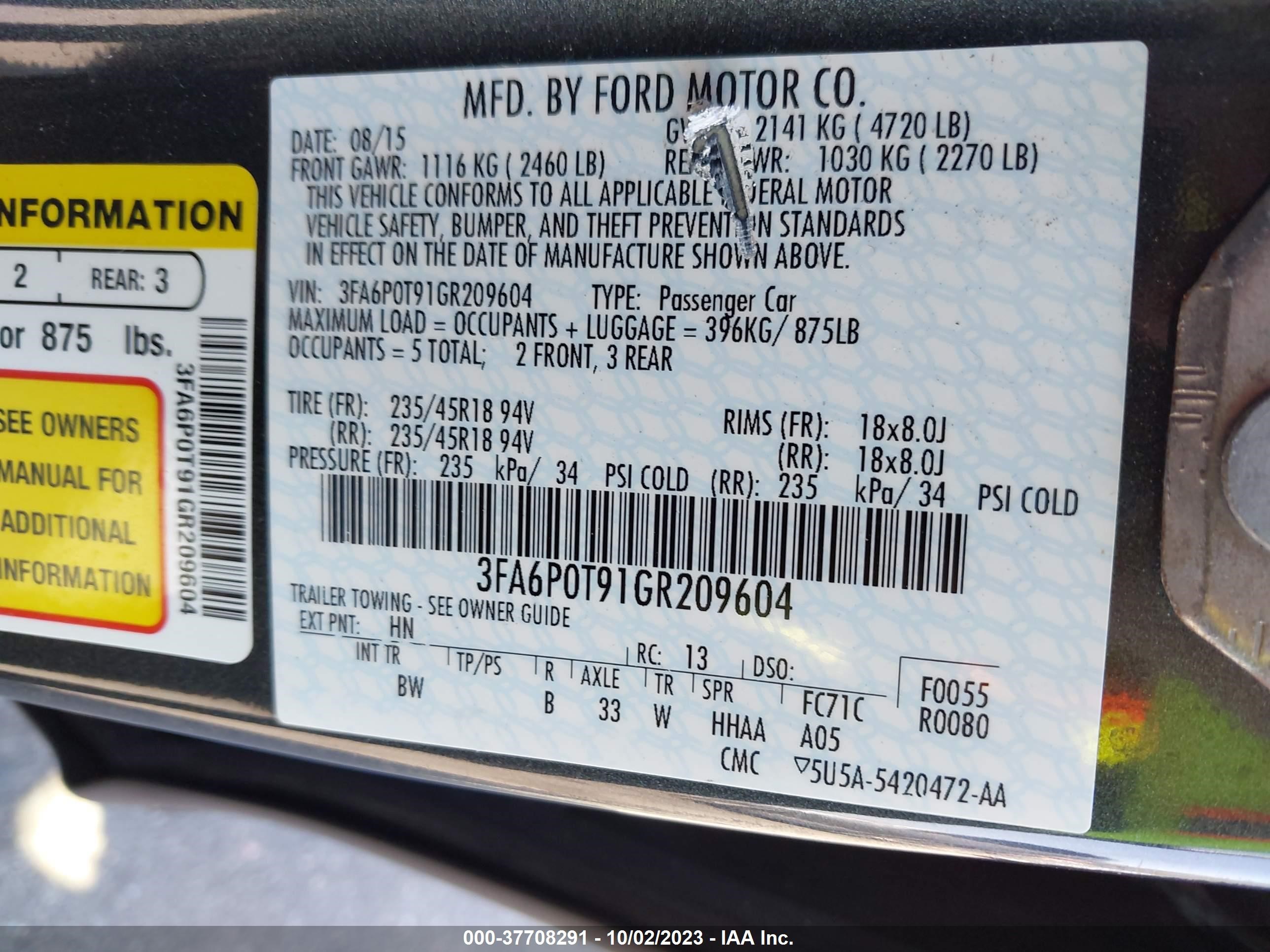 Photo 8 VIN: 3FA6P0T91GR209604 - FORD FUSION 