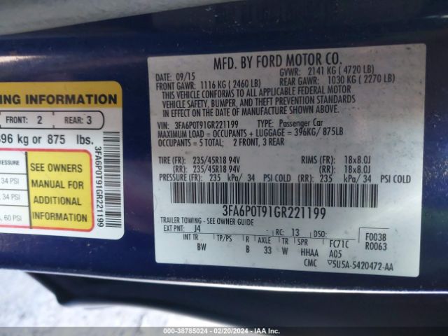 Photo 8 VIN: 3FA6P0T91GR221199 - FORD FUSION 