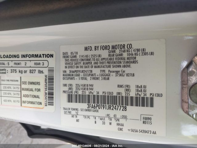 Photo 8 VIN: 3FA6P0T91JR247728 - FORD FUSION 