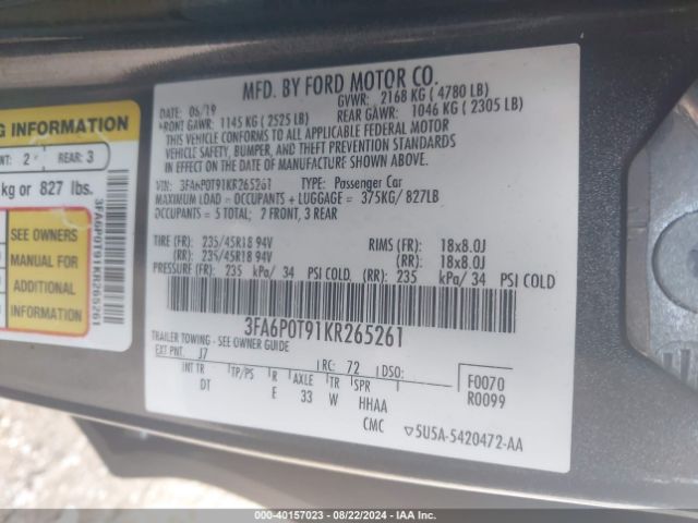 Photo 8 VIN: 3FA6P0T91KR265261 - FORD FUSION 