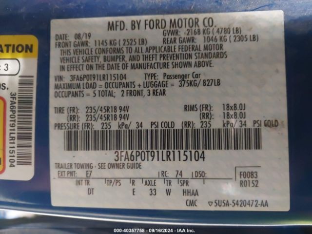 Photo 8 VIN: 3FA6P0T91LR115104 - FORD FUSION 