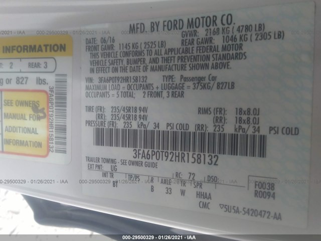 Photo 8 VIN: 3FA6P0T92HR158132 - FORD FUSION 