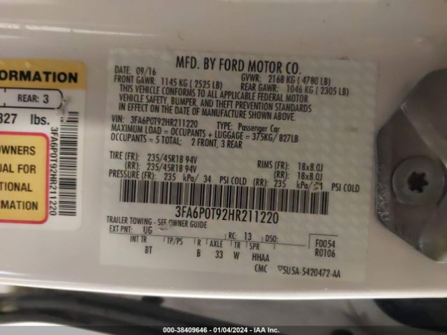 Photo 8 VIN: 3FA6P0T92HR211220 - FORD FUSION 