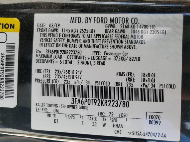 Photo 11 VIN: 3FA6P0T92KR223780 - FORD FUSION SE 