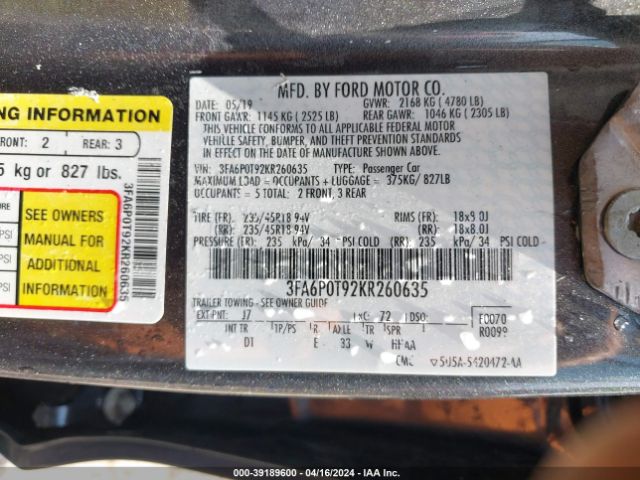 Photo 8 VIN: 3FA6P0T92KR260635 - FORD FUSION 