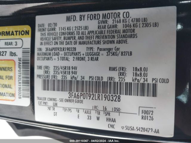 Photo 8 VIN: 3FA6P0T92LR190328 - FORD FUSION 