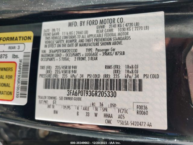 Photo 8 VIN: 3FA6P0T93GR205330 - FORD FUSION 