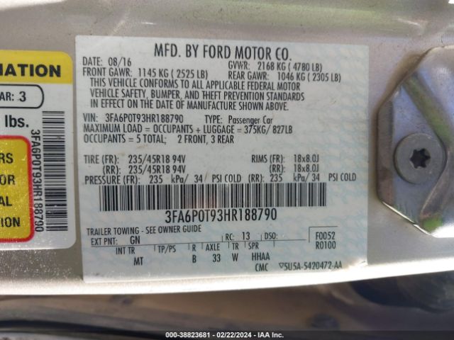 Photo 8 VIN: 3FA6P0T93HR188790 - FORD FUSION 