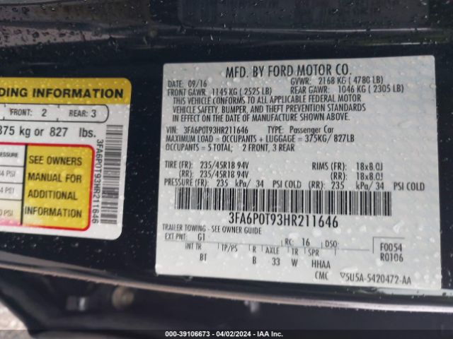 Photo 8 VIN: 3FA6P0T93HR211646 - FORD FUSION 