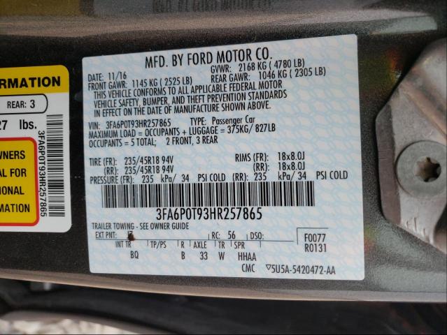 Photo 9 VIN: 3FA6P0T93HR257865 - FORD FUSION SE 