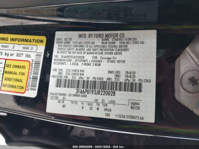 Photo 8 VIN: 3FA6P0T93JR220028 - FORD FUSION 