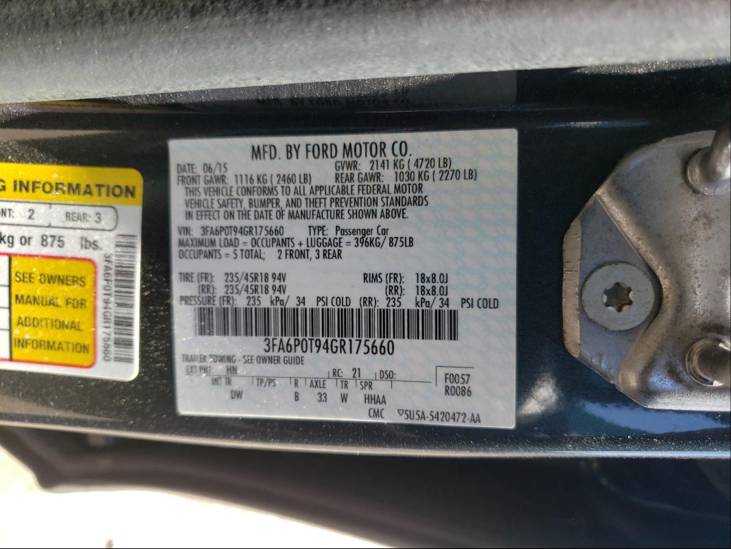 Photo 9 VIN: 3FA6P0T94GR175660 - FORD FUSION SE 