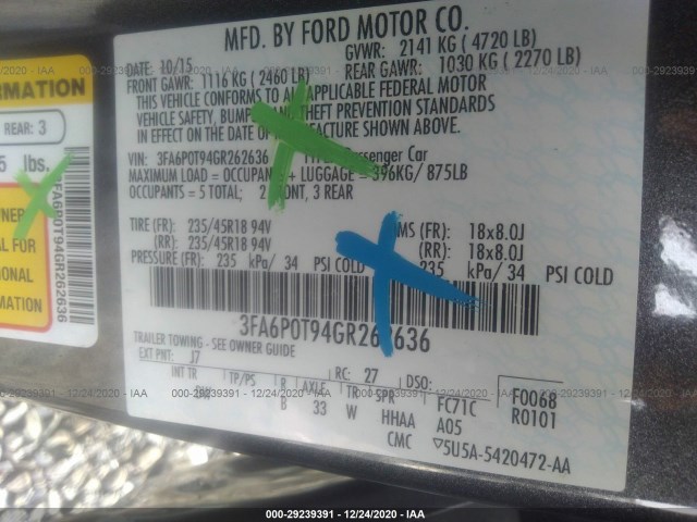 Photo 8 VIN: 3FA6P0T94GR262636 - FORD FUSION 