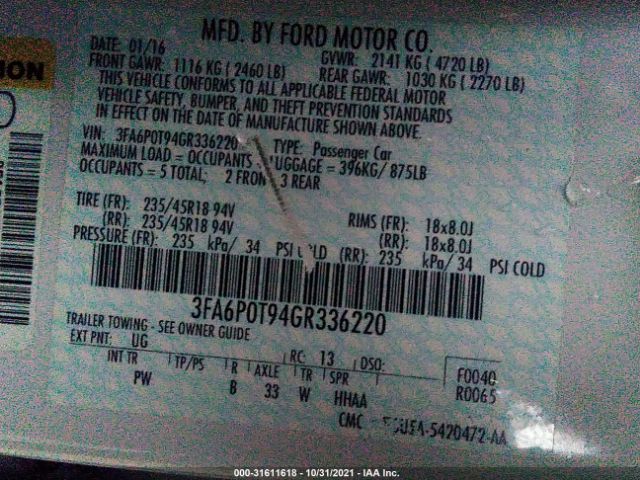 Photo 8 VIN: 3FA6P0T94GR336220 - FORD FUSION 