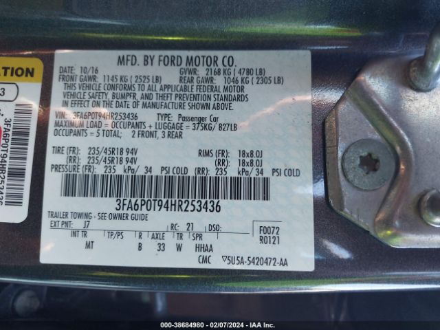 Photo 8 VIN: 3FA6P0T94HR253436 - FORD FUSION 