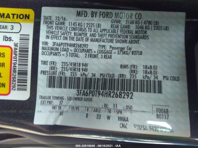 Photo 8 VIN: 3FA6P0T94HR268292 - FORD FUSION 