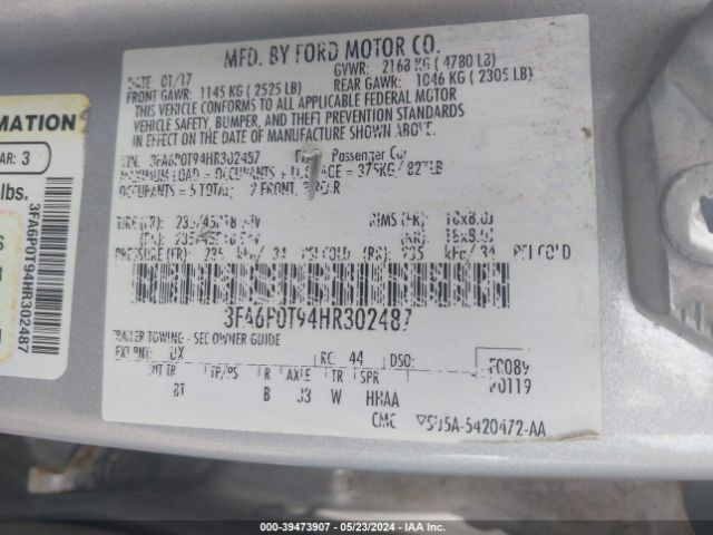 Photo 8 VIN: 3FA6P0T94HR302487 - FORD FUSION 