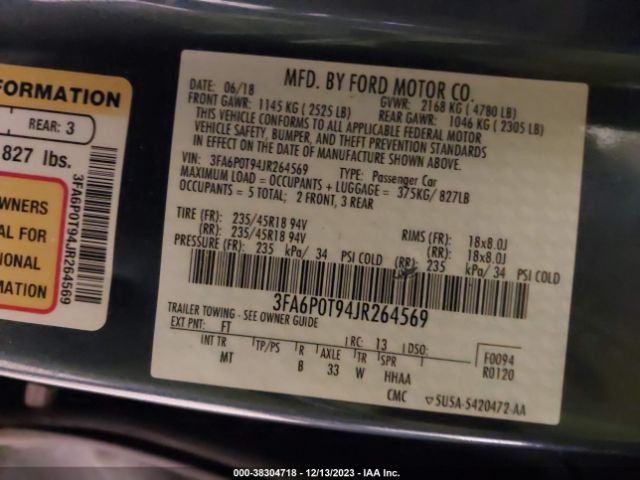 Photo 8 VIN: 3FA6P0T94JR264569 - FORD FUSION 