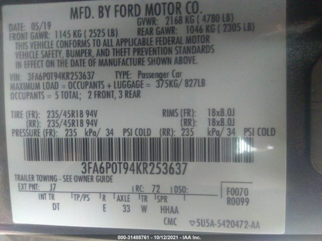 Photo 8 VIN: 3FA6P0T94KR253637 - FORD FUSION 