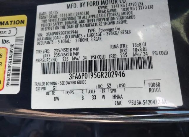 Photo 8 VIN: 3FA6P0T95GR202946 - FORD FUSION 