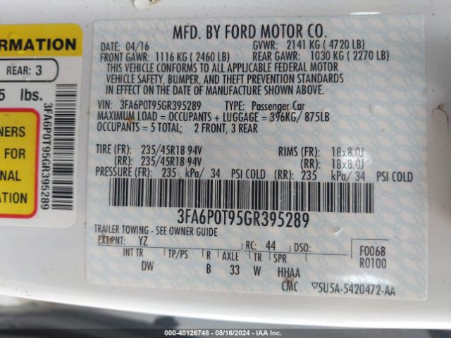 Photo 8 VIN: 3FA6P0T95GR395289 - FORD FUSION 