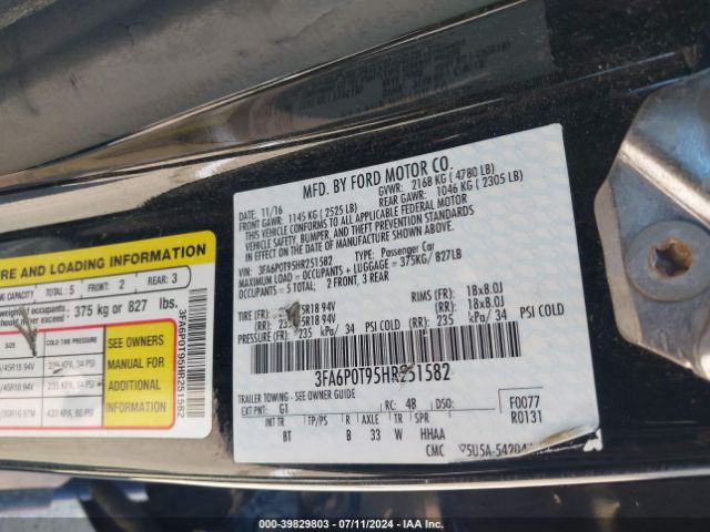 Photo 8 VIN: 3FA6P0T95HR251582 - FORD FUSION 