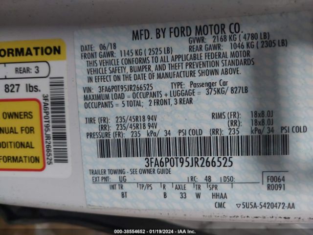 Photo 8 VIN: 3FA6P0T95JR266525 - FORD FUSION 