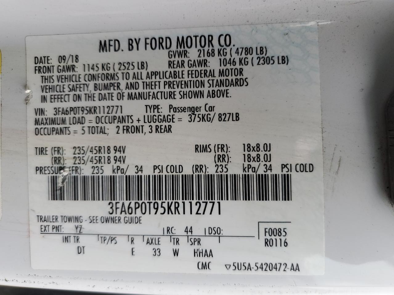 Photo 12 VIN: 3FA6P0T95KR112771 - FORD FUSION 