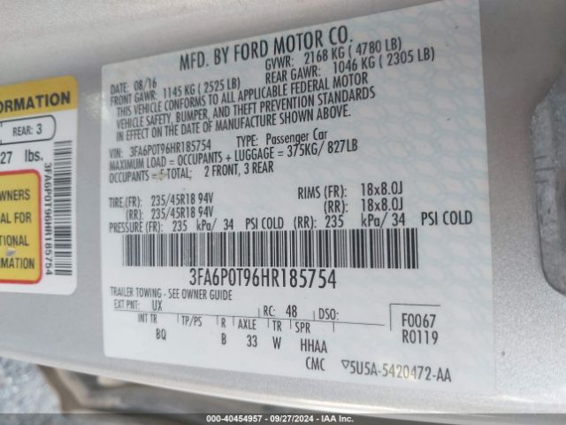 Photo 8 VIN: 3FA6P0T96HR185754 - FORD FUSION 