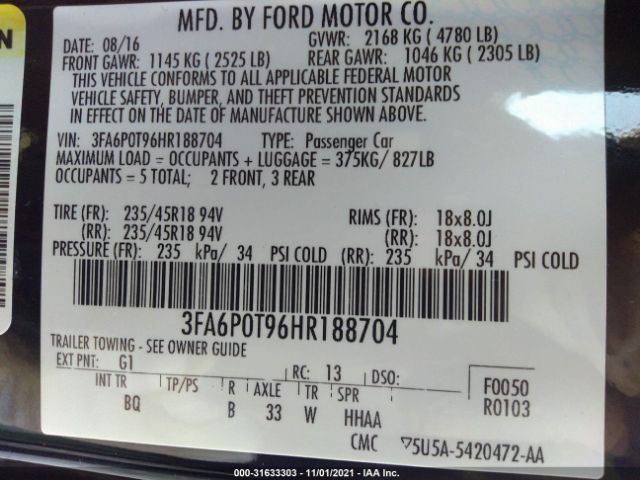 Photo 8 VIN: 3FA6P0T96HR188704 - FORD FUSION 