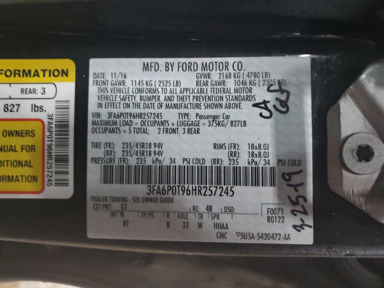 Photo 11 VIN: 3FA6P0T96HR257245 - FORD FUSION 