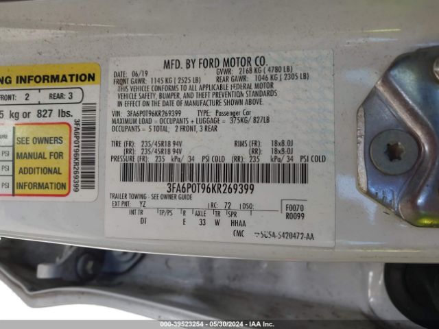 Photo 8 VIN: 3FA6P0T96KR269399 - FORD FUSION 