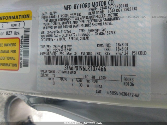 Photo 8 VIN: 3FA6P0T96LR107466 - FORD FUSION 