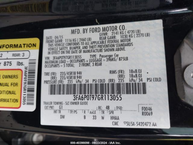 Photo 8 VIN: 3FA6P0T97GR113055 - FORD FUSION 